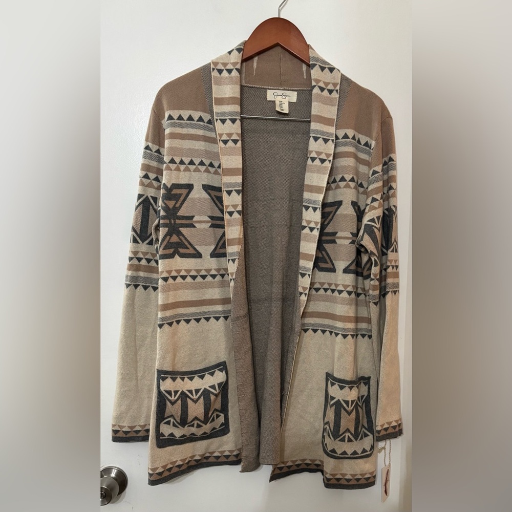 Women Southwestern Aztec Print Open Front Brown/Cream Cotton Cardigan Size XL